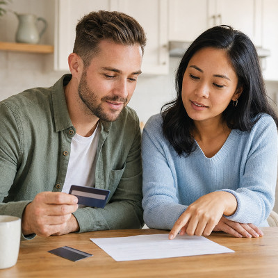 Couple sitting at table in kitchen looking at credit card statement