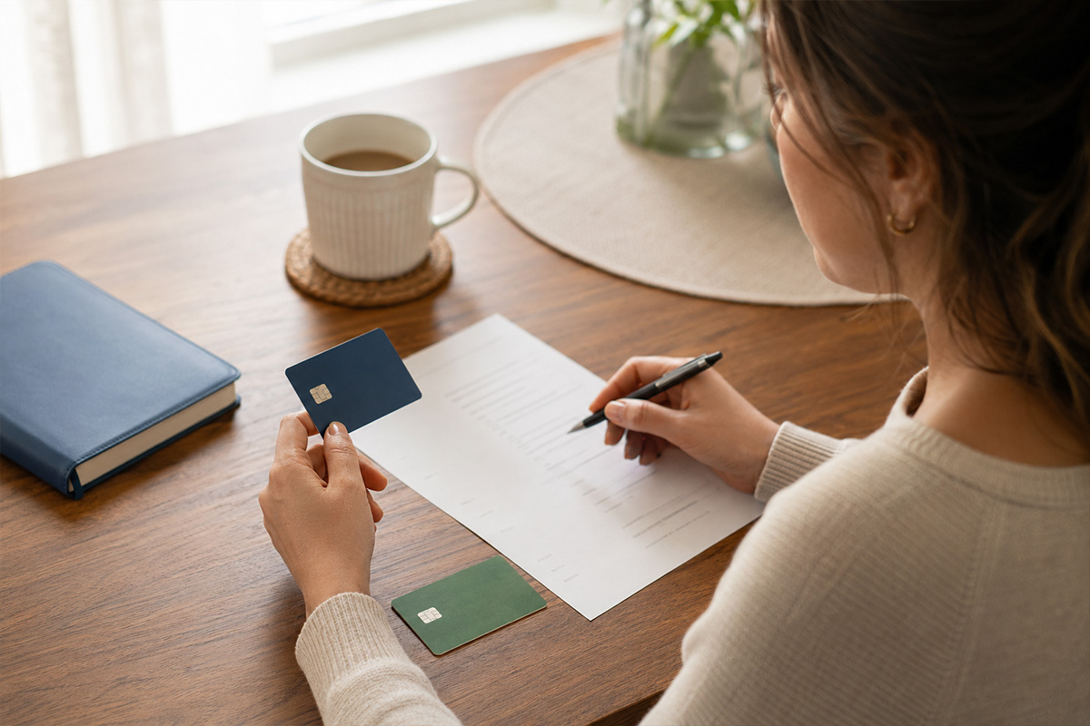 Lady sitting at table holding credit card
